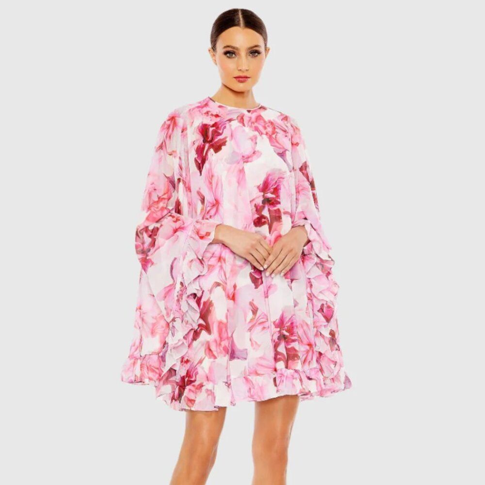 MAC DUGGAL (NWT) Pink Floral Print High Neck Ruffle Hem Cape Mini Dress, Size 0